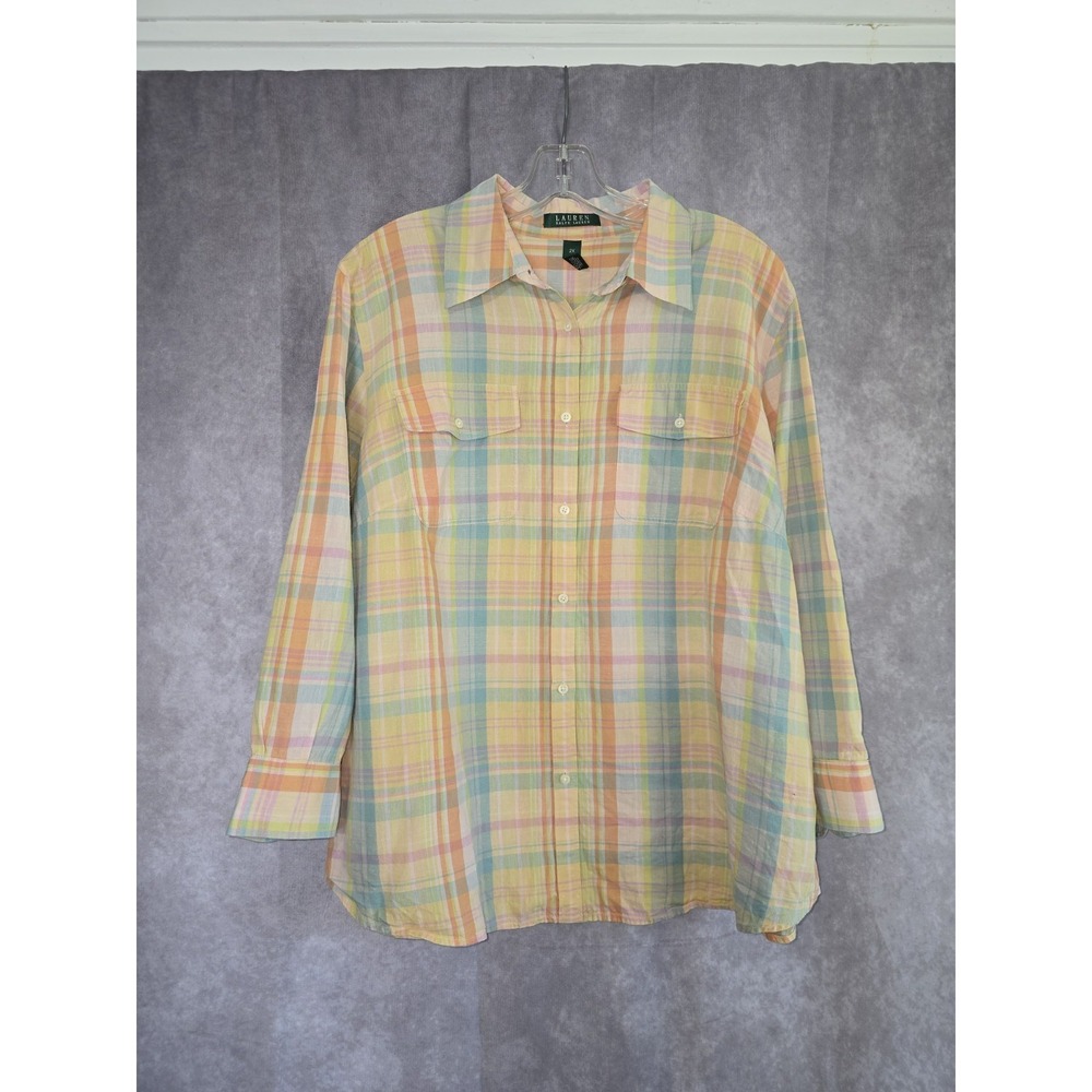 Lauren Ralph Lauren Shirt Womens 2X Yellow Blue Plaid 3/4 Sleeve Linen